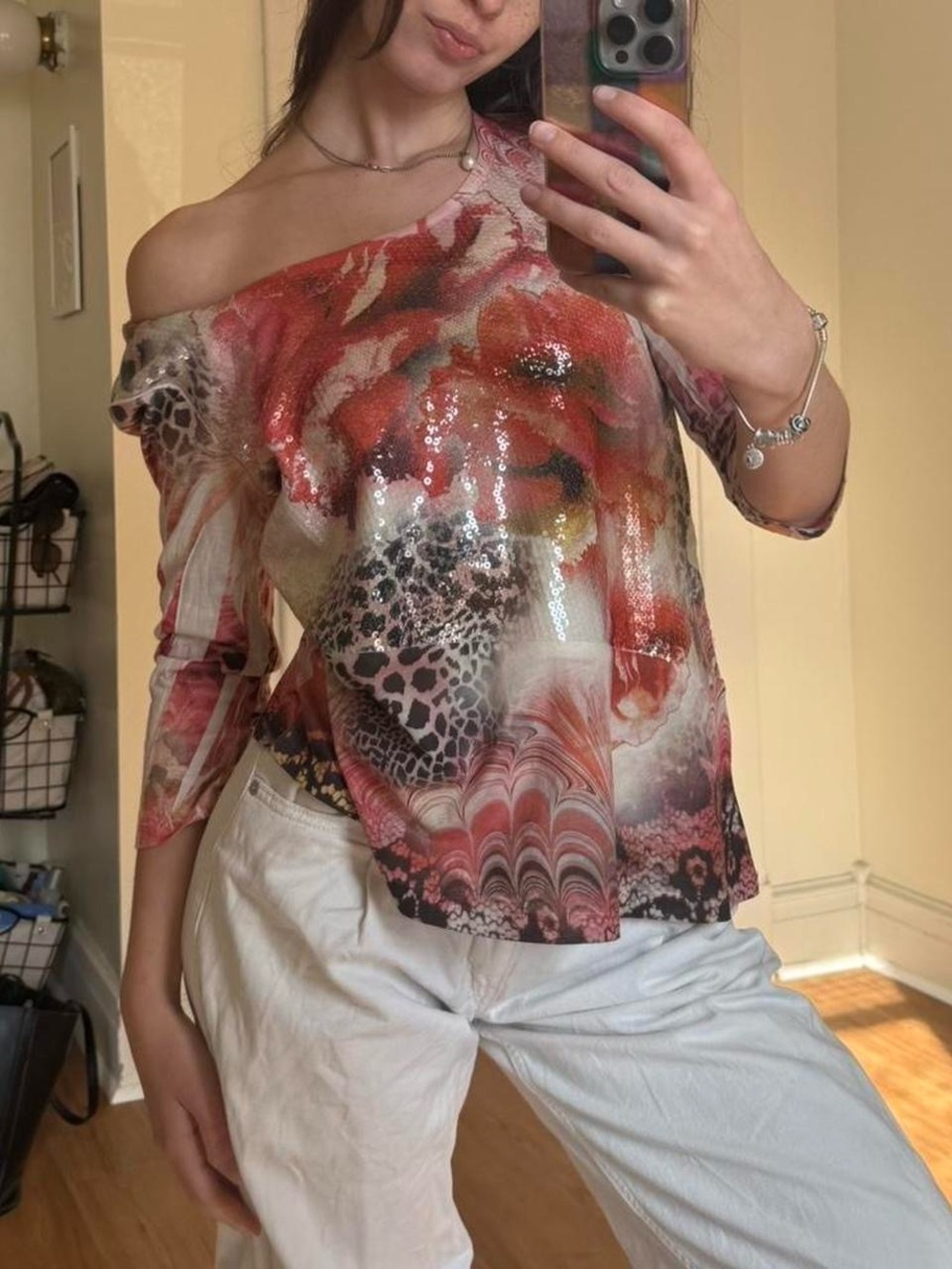Style & Co. Off-Shoulder Sequin Abstract Print Top - Red, Pink, Black